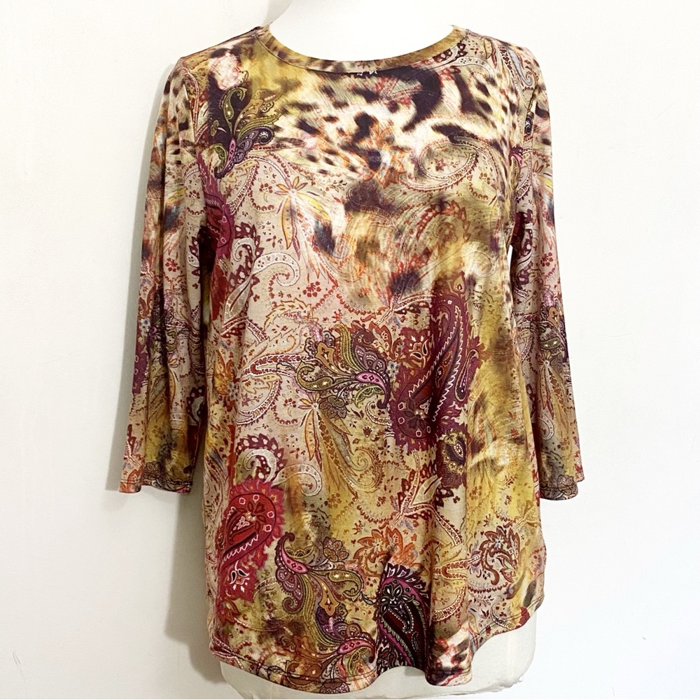 ERIN LONDON multi media paisley print 3/4 sleeve polyester knit top blouse S